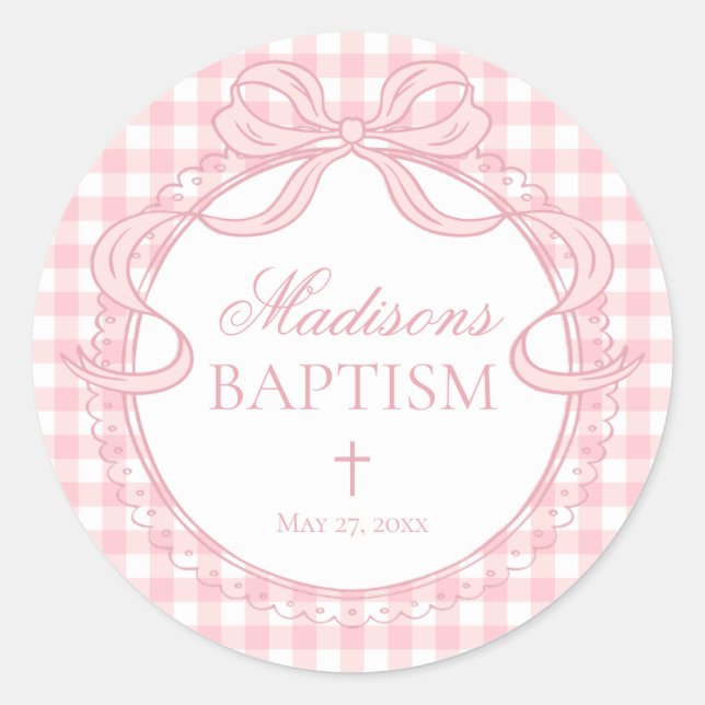 Pink Gingham Coquette Bow Baptism Envelope Seal (Front)