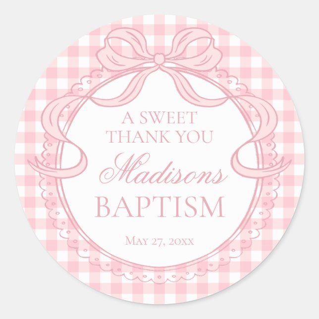 Pink Gingham Coquette Bow Baptism Favor Classic Round Sticker (Front)