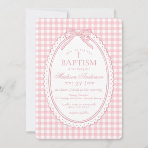 Pink Gingham Coquette Bow Baptism Invitation