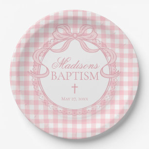 Pink Gingham Coquette Bow Baptism Paper Plates