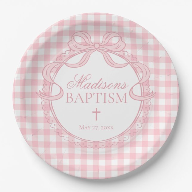 Pink Gingham Coquette Bow Baptism Paper Plates (Front)