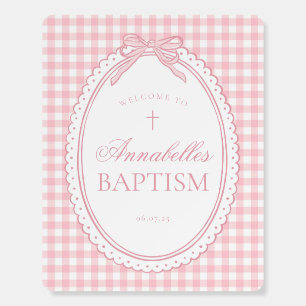 Pink Gingham Coquette Bow Baptism Welcome Sign