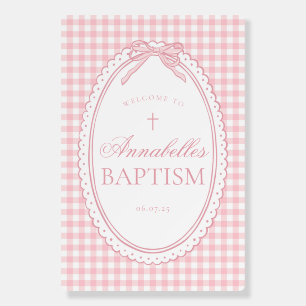 Pink Gingham Coquette Bow Baptism Welcome Sign