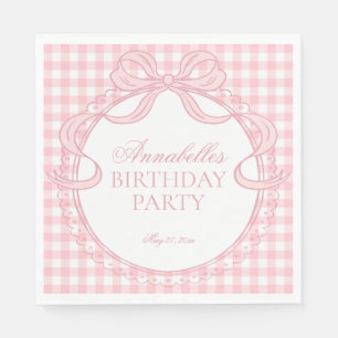 Pink Gingham Coquette Bow Birthday Party Dessert Napkins