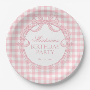 Pink Gingham Coquette Bow Birthday Party Paper Plates