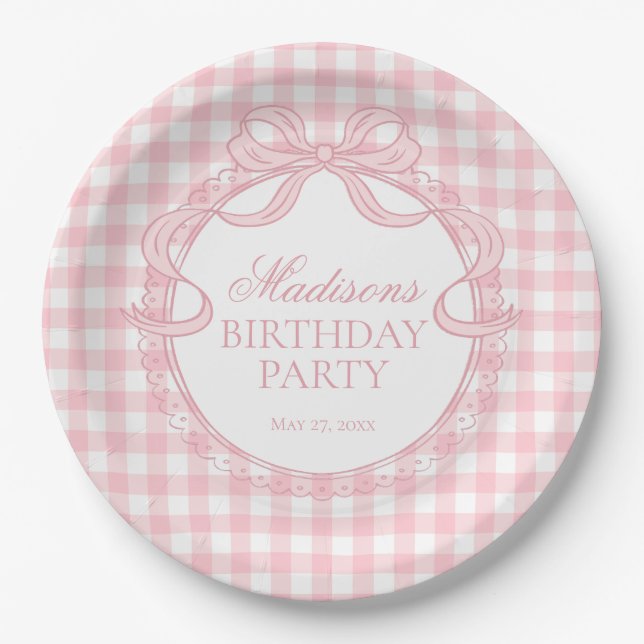 Pink Gingham Coquette Bow Birthday Party Paper Plates (Front)