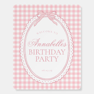 Pink Gingham Coquette Bow Birthday Welcome Sign
