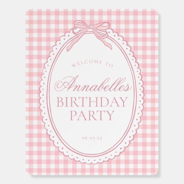 Pink Gingham Coquette Bow Birthday Welcome Sign (Front)