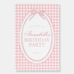 Pink Gingham Coquette Bow Birthday Welcome Sign