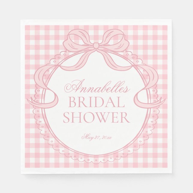 Pink Gingham Coquette Bow Bridal Shower Dessert Napkins (Front)