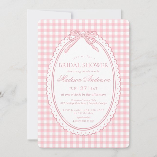 Pink Gingham Coquette Bow Bridal Shower Invitation (Front)