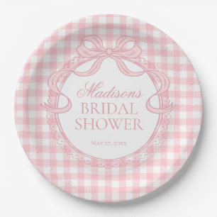 Pink Gingham Coquette Bow Bridal Shower Paper Plates