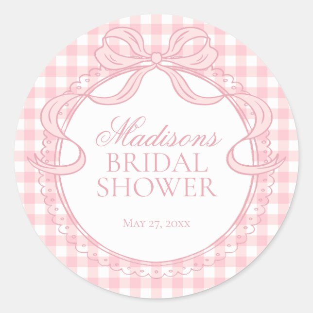 Pink Gingham Coquette Bow Bridal Shower Seal (Front)
