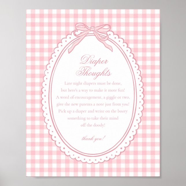 Pink Gingham Coquette Bow Diaper Thoughts Baby Poster (Front)