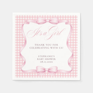 Pink Gingham Coquette Bow It’s a Girl Baby Shower Napkins