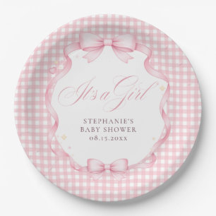 Pink Gingham Coquette Bow It’s a Girl Baby Shower Paper Plates
