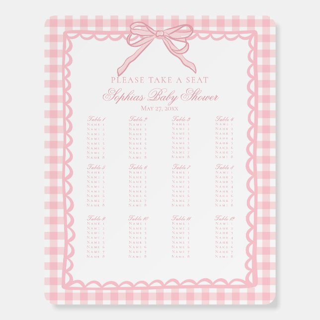 Pink Gingham Coquette Bow Seating Chart Foam Board (Front)