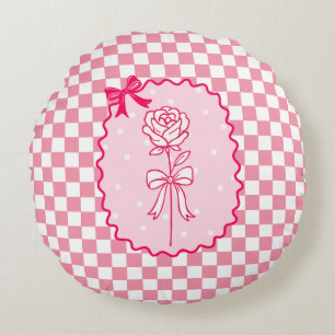 Pink Gingham Coquette Rose Aesthetic Round Pillow