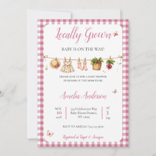Pink Gingham Country Garden Clothline Baby Shower Invitation