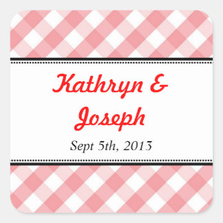 Pink gingham country picnic rustic wedding favor square sticker