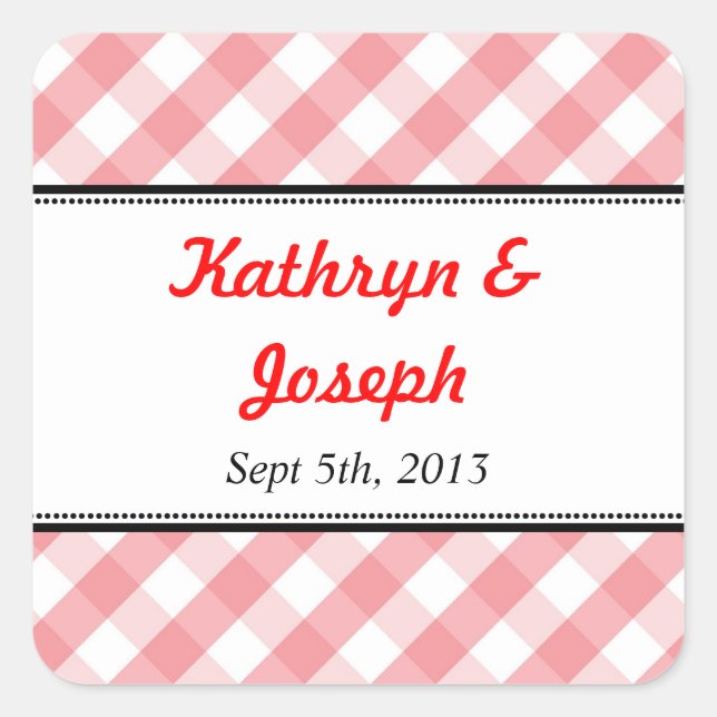 Pink gingham country picnic rustic wedding favor square sticker (Front)
