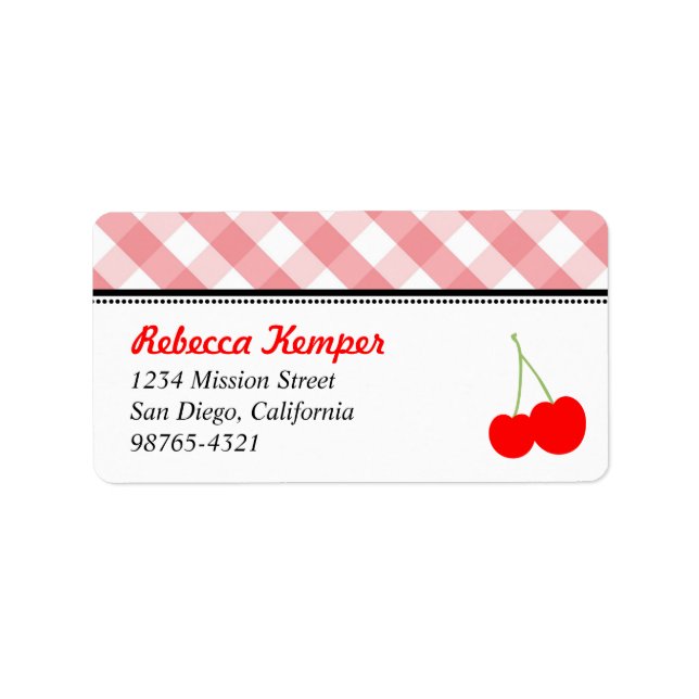 Pink gingham country red cherries return address label (Front)