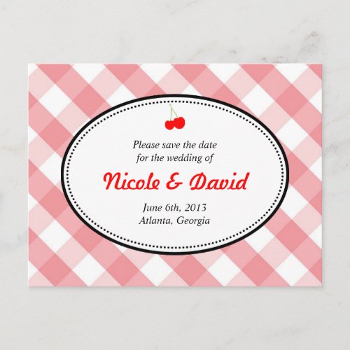 Pink gingham country rustic cherry save the date announcement postcard