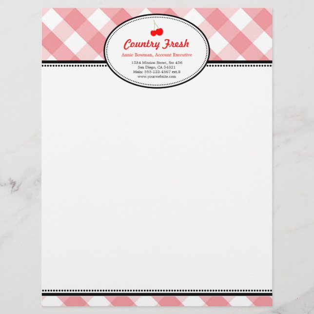 Pink gingham country rustic red cherry personal letterhead (Front)