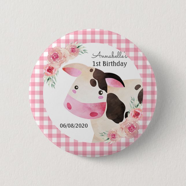 Pink Gingham Cow Birthday Favor Button (Front)