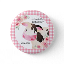 Pink Gingham Cow Birthday Favor Button