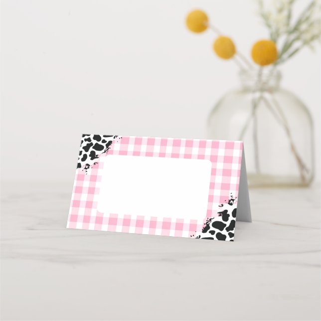 Pink Gingham Cow Print Place Cards (Front)