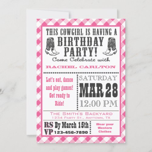 Pink Gingham Cowgirl Birthday Invitation