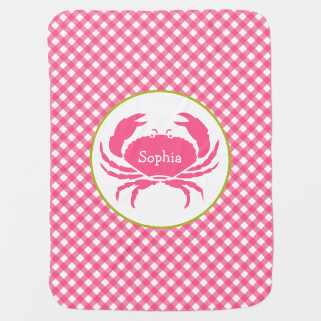 Pink Gingham + Crab Personalized Baby Blanket (Front)