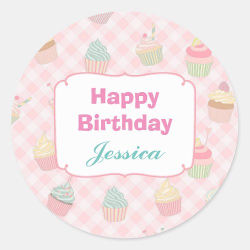 Pink Gingham Cupcake Personalized Birthday Classic Round Sticker