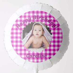 Pink Gingham Custom Photo Happy Birthday Balloon