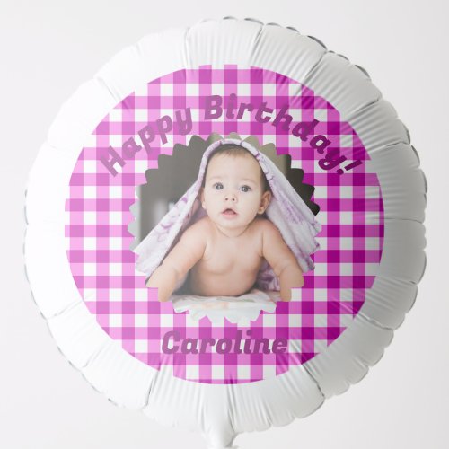 Pink Gingham Custom Photo Happy Birthday Balloon