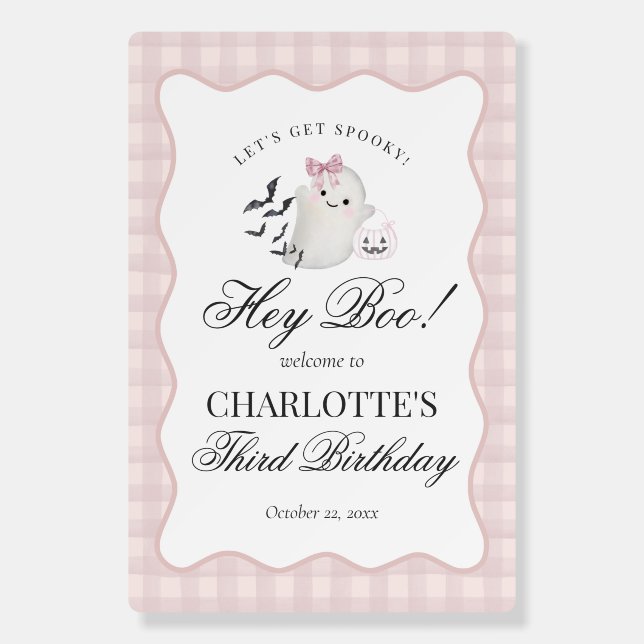 Pink Gingham Cute Ghost Spooky Birthday Welcome Foam Board (Front)