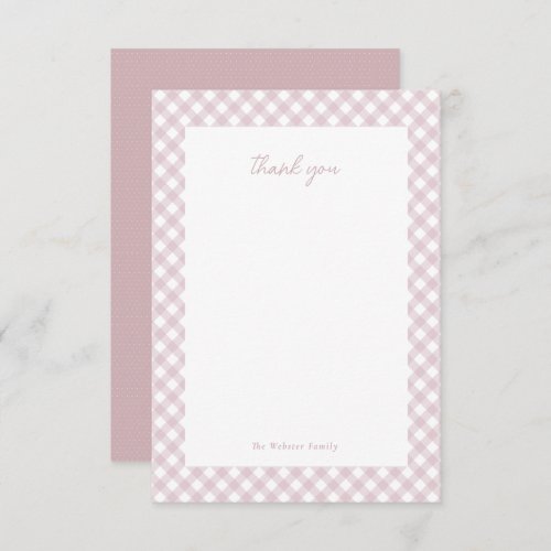 Pink gingham cute personalized baby girl shower thank you card