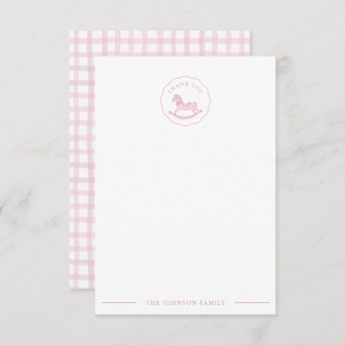 Pink Gingham Cute Rocking Horse Baby Shower Thank You Card