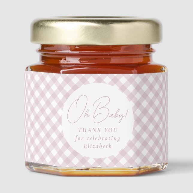 Pink gingham cute simple baby shower honey jar favors (Front)