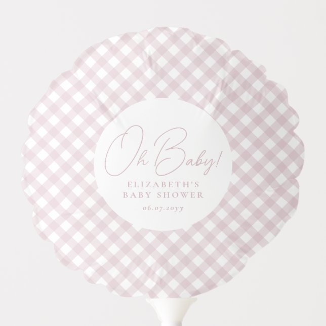 Pink gingham cute simple personalized baby shower balloon (Front)