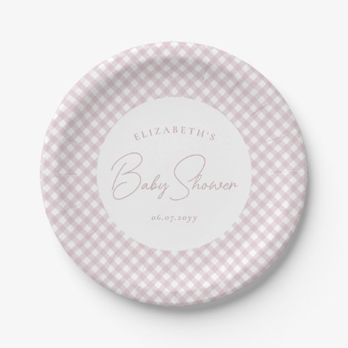 Pink gingham cute simple personalized baby shower paper plates