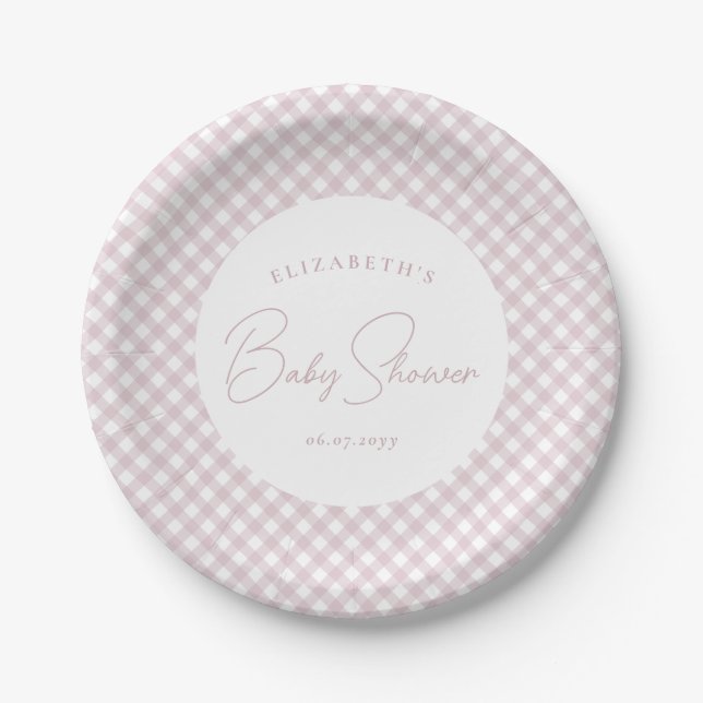 Pink gingham cute simple personalized baby shower paper plates (Front)