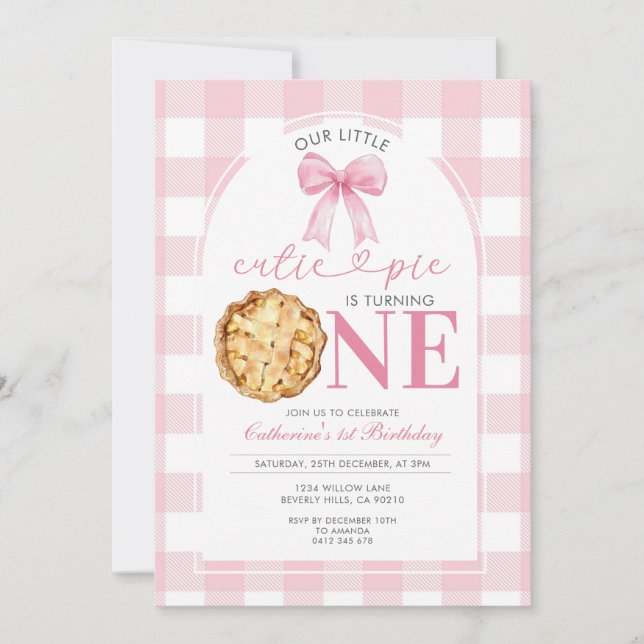 Pink Gingham Cutie Pie First Birthday Invitation (Front)