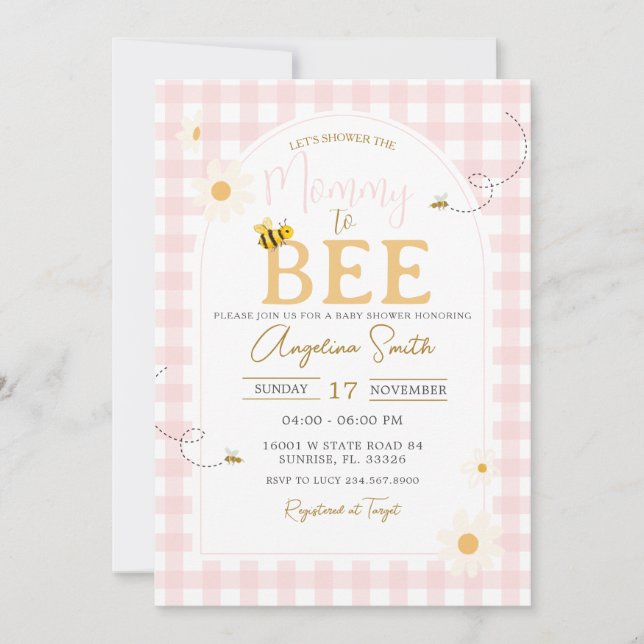 Pink Gingham Daisies Bee Baby Shower Mommy To Bee Invitation (Front)