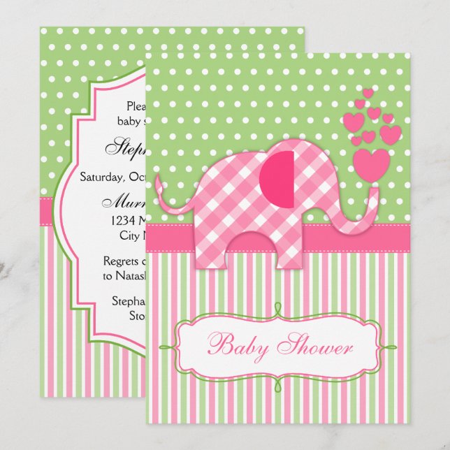 Pink Gingham Elephant Baby Shower Invitation (Front/Back)