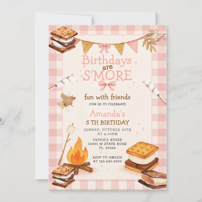 Pink Gingham Fall Camping Bonfire Smores Invitation (Front)