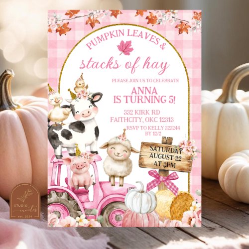 Pink Gingham Fall Pumpkin Farm Animal Birthday Invitation
