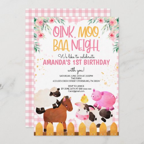 Pink Gingham Farm Animals Girl Birthday Barnyard Invitation