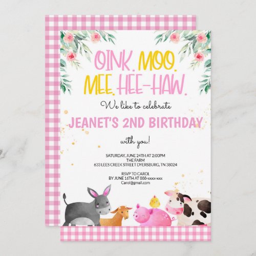 Pink Gingham Farm Animals Girls Birthday Barnyard Invitation